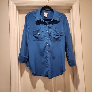 Soft Surroundings 100% silk Cobalt blue button down